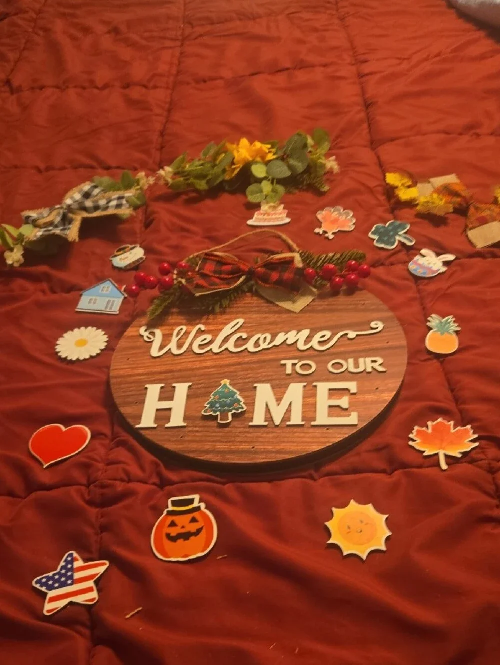 Welcome to Our Home Wooden Wall Sign with Yellow Floral Accent